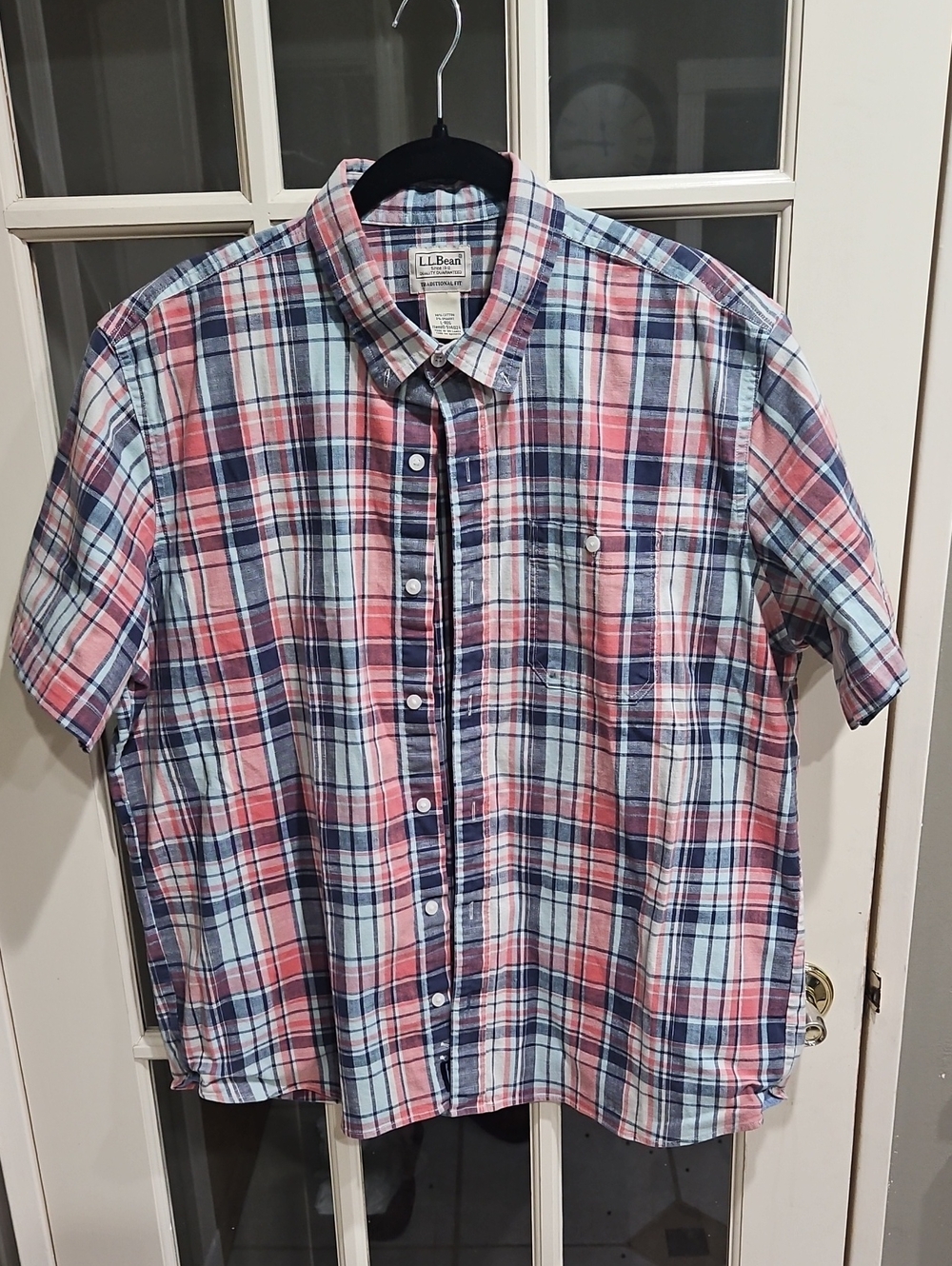 L.L. Bean Men’s Short-Sleeve Plaid Button-Down Shirt - Coral, Navy & White Trad